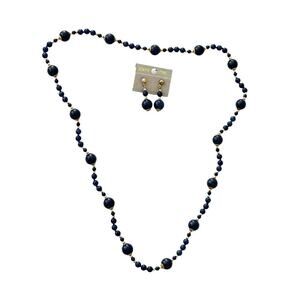 Blue lapis gemstone with gold tone beaded 18 inch necklace matching earrings